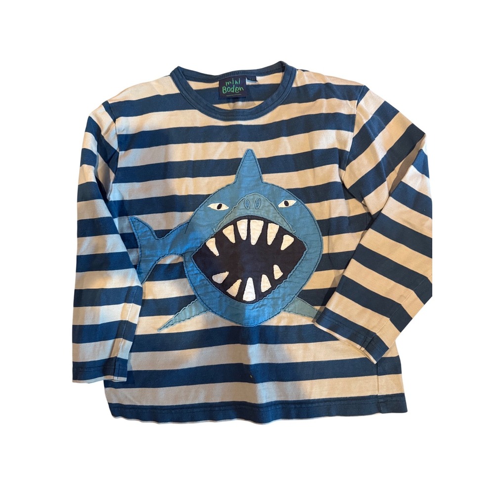 Vintage Mini Boden Shark Applique Long Sleeve Shirt Boys 7 8 Blue White Stripes‎